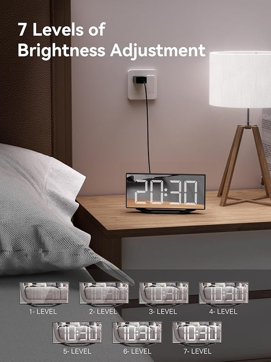 Digital Alarm Clocks for Bedrooms,8.7" LED Mirror Electronic Clocks with 2 USB Charger Ports,7 Levels Brightness & Alarm Volume,Dual Alarms,Snooze,12/24H,Modern Desk Clock for Bedside Home Office