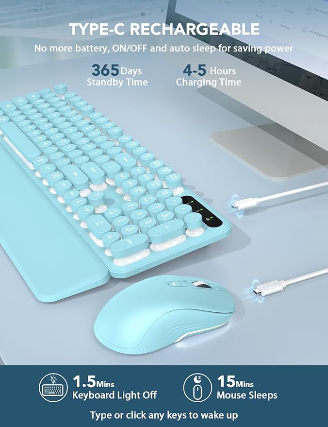 Wireless Keyboard and Mouse Backlit - Typewriter Keyboard with Retro Round Keycaps, Detachable Wrist Rest, Light Up Letters, 2.4G Rechargeable Combo for Mac, Windows, PC, Laptop, Trueque (Aqua Blue)