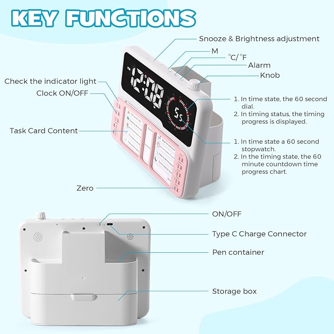 7-in-1 Visual Timer for Kids & Adults with Task Planner – ADHD Time Management Tool with Alarm, Countdown, Calendar, Temperature Display & Storage – Ideal for Home, School (Pink)