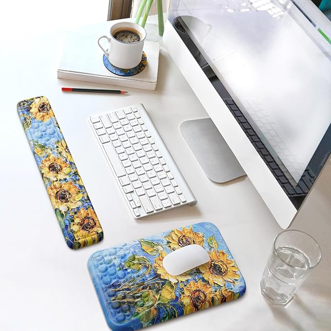 Ospelelf 3 in1 Ergonomic Wrist Rest Pad for Computer Keyboard and Mouse, Large Mouse Pad Set with Support for Office, Sunflower