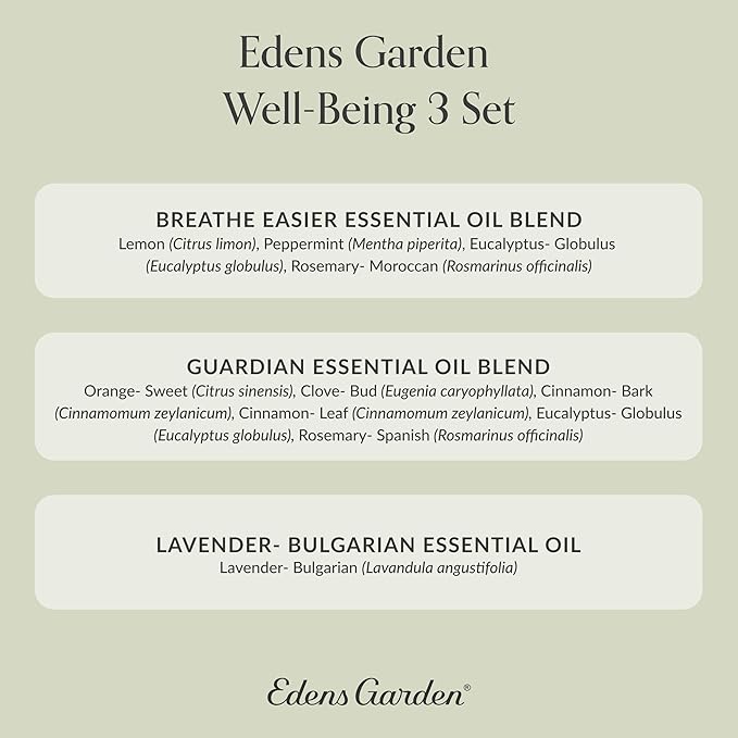 Edens Garden Essential Oils Well-Being 3 Set – 100% Pure Therapeutic Grade, Undiluted, Natural Aromatherapy for Skin, Diffusers & Home – Includes: Breathe Easier, Guardian & Lavender, 10 ml/ 3 Pack