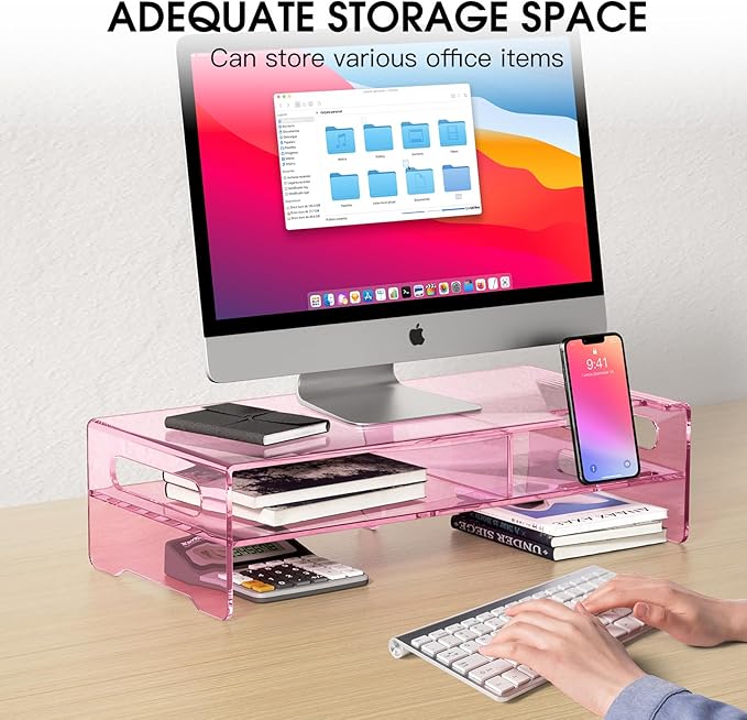 Pink Acrylic Monitor Stand Riser, 2-Tier computer stand with Storage, clear monitor stand for desk Suitable for laptops, printers, TV,desk organization With phone holder