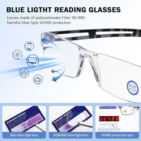 AQWANO 5 Pack Rimless Computer Reading Glasses Blue Light Blocking, Fashion Clear Frames Lightweight & Comfort Readers for Women Men Anti Glare/Eyestrain, 2.5