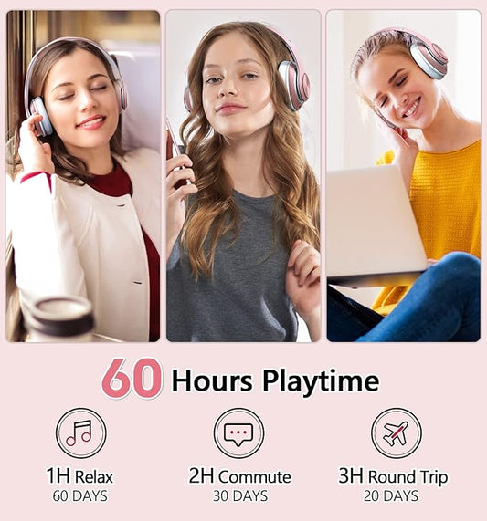 9S Over Ear Bluetooth Headphones, 60 Hours Playtime, Hi-Fi Stereo, Deep Bass, Microphone, Foldable, Rose Gold