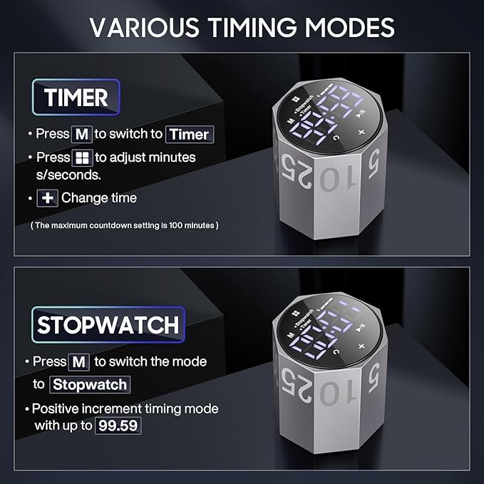 MIAOKE Pomodoro Timer-Aluminum Alloy Frosted Metal LED Large Screen Digital Automatically Rotated Display, Focus Efficient Management on Work and Study,Office,Living Room-Gray