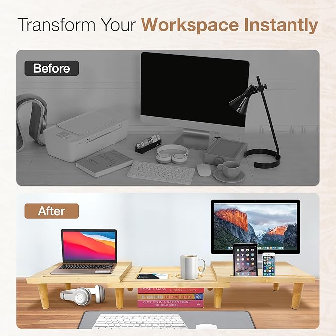 Dual Monitor Stand Riser - Solid Wood 3 Panels Laptop Riser with Storage for Phone/Mug - Home/Office Desk Organizer with Adjustable Length & Angle - Modern Computer Stand for PC, Laptop, & more (Natural)