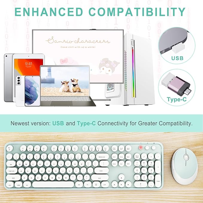 Wireless Keyboard and Mouse Combo, Ergonomic Full Size Typewriter Retro Round Keycaps Keyboard, Compatible with Windows, PC, Perfer for Home and Office Keyboards(Green)