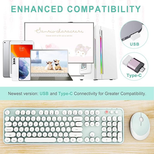 Wireless Keyboard and Mouse Combo, Ergonomic Full Size Typewriter Retro Round Keycaps Keyboard, Compatible with Windows, PC, Perfer for Home and Office Keyboards(Green)