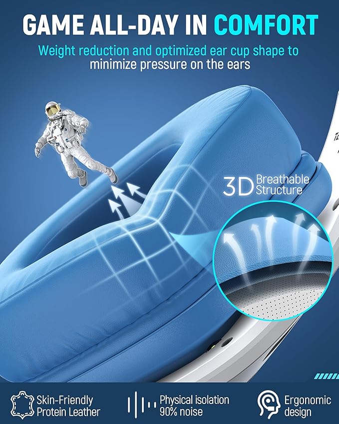 Wireless Gaming Headset for PC, Ps5, Ps4, 2.4 Ghz USB & Type-C Gaming Headphones with Microphone, 30H Battery Bluetooth Headphones for Switch, Laptop, Mobile, Mac (Blue White)