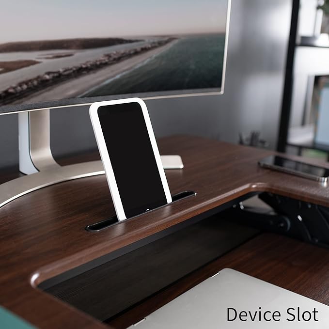 VIVO 42 inch Height Adjustable Stand Up Desk Converter, V Series, Quick Sit to Stand Tabletop Dual Monitor Riser Workstation, Dark Walnut Top, Black Frame, DESK-V000VLD