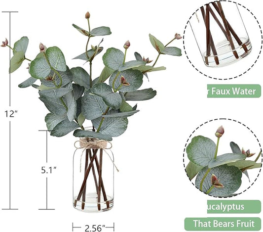 Artificial Eucalyptus Stems in Glass Vase with Faux Water,Artificial Plants Eucalyptus Leaves for Shelf Desk Bathroom Farmhouse Room Coffee Table Home Decor, Central Decoration.