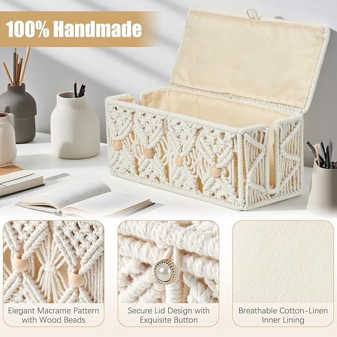 Cable Management Box Handmade Macrame Cord Storage Organizer Power Strips Outlet Router Adapter TV Wire Hider Cover Under Desk Natural Cotton Rope Woven Boxes with Lid (Off White, Medium)