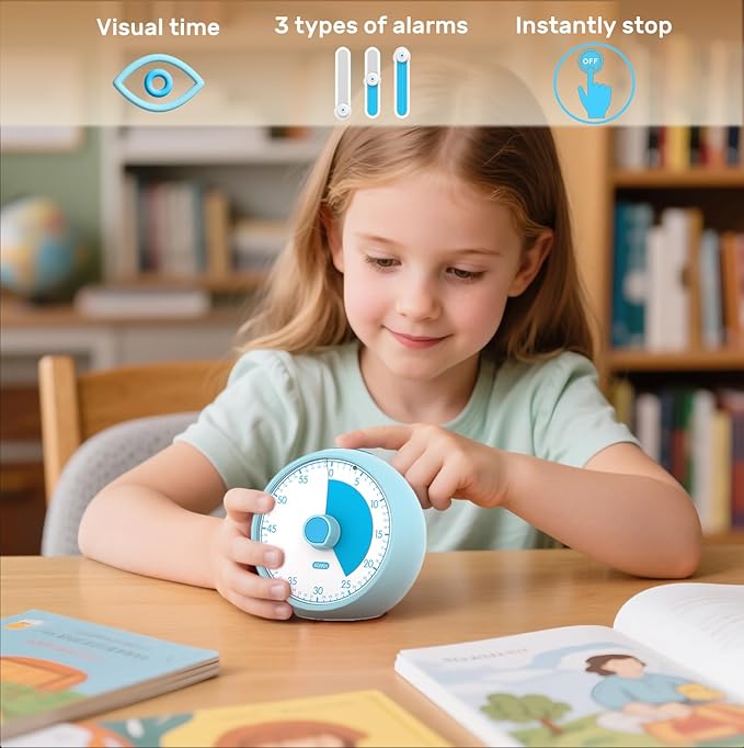 Visual Timer 60-Minute, Kids Timer for Homeschool Desk, Time Management Tools with Silent Operation, Timer for Kitchen Office Classroom (Blue)