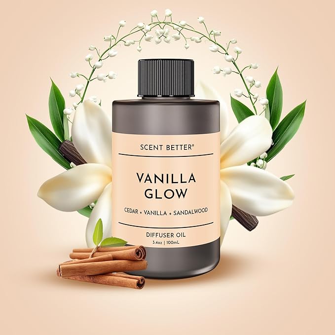 Scent Better Vanilla Glow Aroma Essential Oil Blend: an Aromatherapy Blend of Vanilla, Amber, and Sandalwood for Ultrasonic Diffusers & Nebulizers (3.3 Fl Oz, 100 mL)