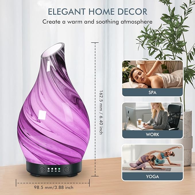 Essential Oil Diffuser Aroma Diffuser- 200 ml Art Glass Ultrasonic Cool Mist Oil Diffuser for Aromatherapy Waterless Auto-Off & 7 Colors Changed LED Light for Home Office Decor & Gift(200ml-Watertank)
