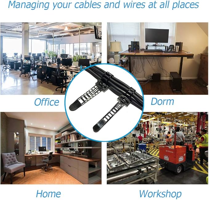 50pcs 2 Sizes Adjustable Adhesive Cable Ties Cable Clips Wire Strap Cord Clamp for Cable Management at Home and Office + 100pcs Nylon Zip Ties
