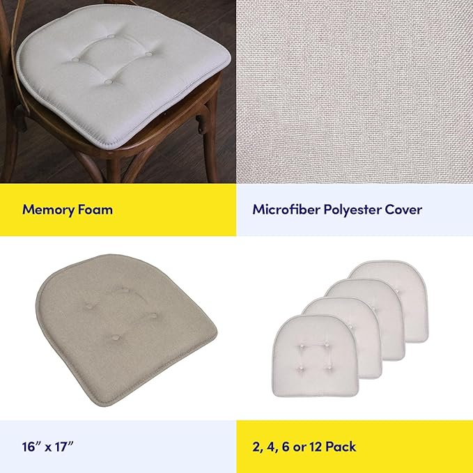 Sweet Home Collection Chair Cushion Memory Foam Pads Tufted Slip Non Skid Rubber Back U-Shaped 17" x 16" Seat Cover, 2 Count (Pack of 1), Light Gray