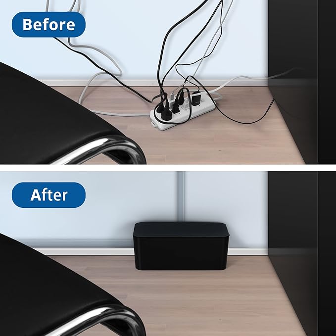 Cable Management Box Black, 2Pack Cord Organizer Box - Extra Large and Medium Size, Cord Hider Box to Conceal Power Strips on Desk or Floor, Made from Electrically Safe ABS Material
