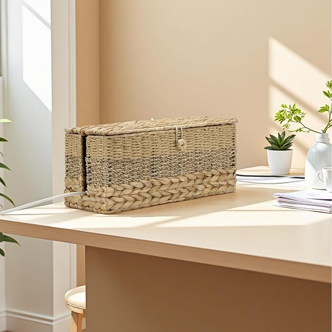 Cable Organizer Box Handmade Wicker Rattan Cable Management Box Adapter Power Strips Outlet Router Cord Hider Cover Under Desk Electrical Wire Storage Organizer with Lid (Natural, Large)