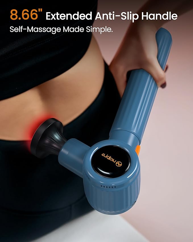 Massage Gun with Heat,Massage Gun Deep Tissue with Extension Handle & 3 Adjustable Angles,Handheld Percussion Back Massager for Muscle/Neck/Body Pain Relief with Portable Case,Blue