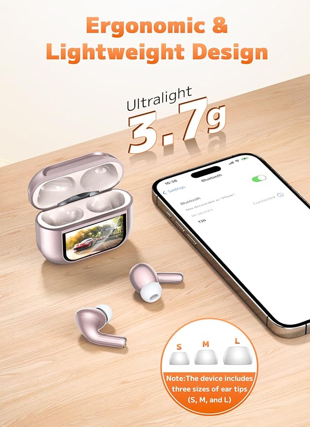 Wireless Earbuds, Bluetooth 5.4 Ear Buds with Multifunctional Touch Screen, ANC/ENC Noise Cancelling Headphones with 48H Playtime, Bass Stereo Sound, for Laptop, Android/iOS, Pad, Rose Gold