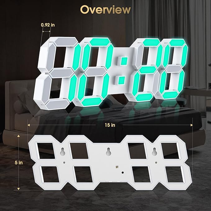 EDUP HOME 3D LED Wall Clock 7 Colors 15" with Remote Control,Digital Alarm Clock Adjustable Brightness Timer 12/24 Hr Time/Date/Temperature for Bedroom/Living Room/Office