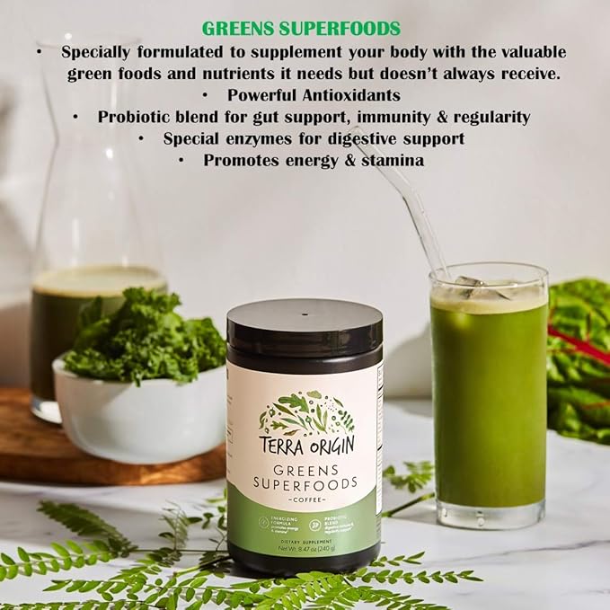 TERRA ORIGIN Superfoods Greens Blend Immune and Digestive Support | Organic Vegetable Supplement with Tumeric, Milk Thistle, Green Tea, Chlorella | Non-GMO, Gluten-Free, Vegan | Coffee | 30 Servings