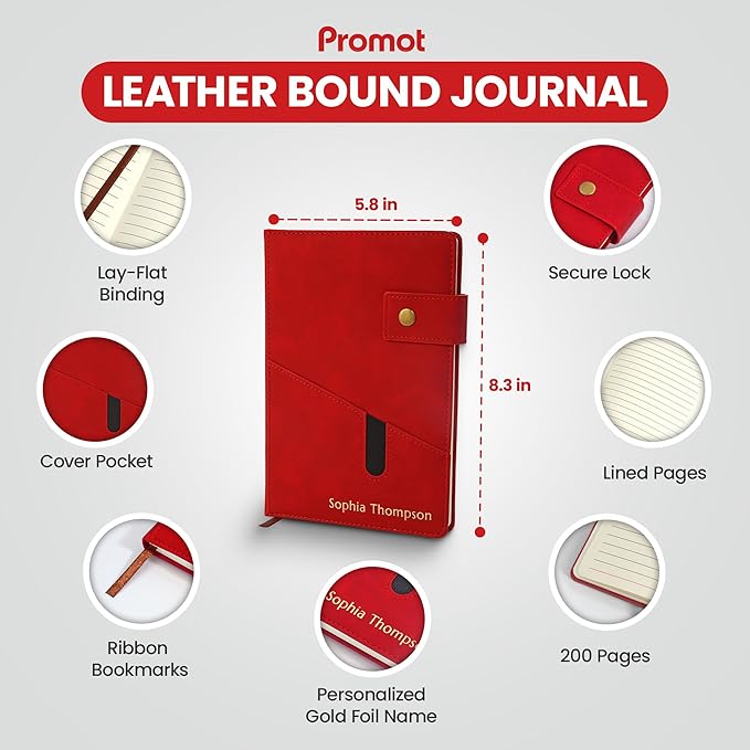 Promot Personalized Notebook - A5 Lined Leather Bound Journal for Writing Women Men - Hardcover Executive Notebook, Daily Journal, Travel Diary, Gift Idea, Custom Embossed Text with Gold Metallic Foil