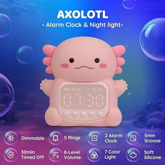 Axolotl Alarm Clock with Night Light for Kids, Rechargeable Silicone Lamp Time to Wake Clock,Cute Animal Tabletop Lamp, Perfect Sleep Companion for Boys Girls