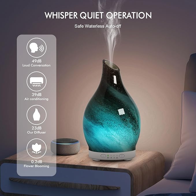 Aromatherapy Diffuser Essential Oil Diffuser - Glass Diffuser Ultrasonic Cool Mist Aroma Diffuser 120ml Scented Oil Diffuser with Auto-Off Protection & 7 Colors Night Light for Home Office Decor&Gift