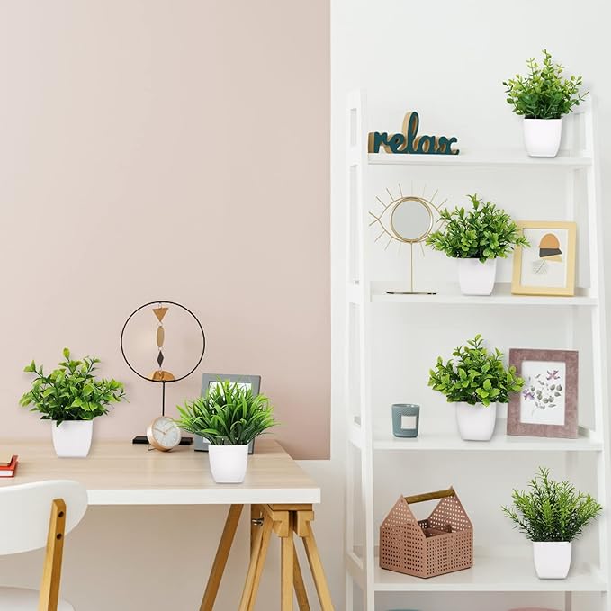 6 Pot Small Fake Plant Flowerpot Artificial Plastic Eucalyptus Plant Wheat Grass Shrub Plant Indoor Desk Coffee Table Bathroom Bedroom Home Decoration (6)