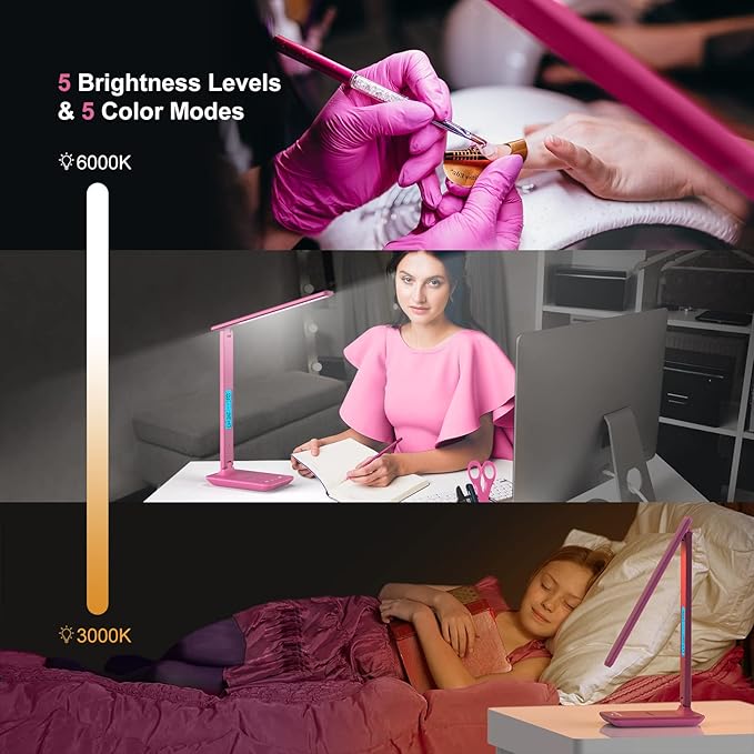 poukaran Desk Lamp, LED Desk Lamp with Wireless Charger, USB Charging Port, Table Lamp with Clock, Alarm, Date, Temperature, Office Lamp, Desk Lamps for Home Office, Pink