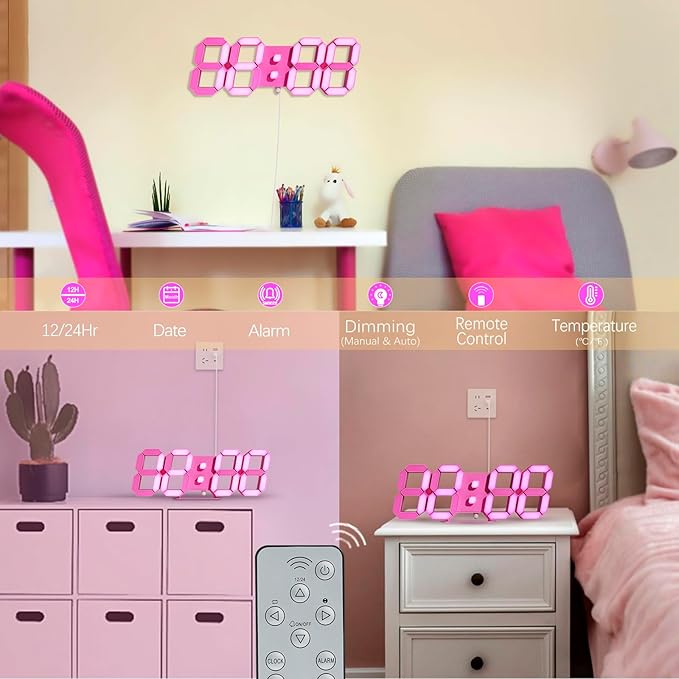 KOSUMOSU Pink LED Clock 3D Wall Clock 9.7" Table Clock for Living Room Modern Digital Clock for Bedroom Aesthetic Bedside Desk Clock with Remote/Dimming/12/24H/Temp/Alarm Clock/Date