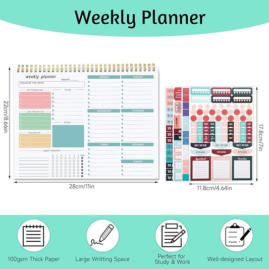 Weekly To Do List Notepad, 8.5''x11'' Weekly Desk Planner with 52 Tear Off Sheets Undated Weekly Planner Habit Tracker & Productivity Organizer for Home School and Work, Green