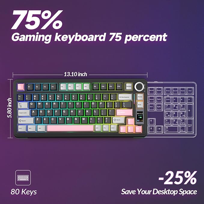 AULA S75 PRO Wireless Mechanical Keyboard with Screen&Knob, 75% Hot Swappable Gaming Keyboard with Pre-lubed Switches, RGB Backlit, PBT Keycaps Creamy Sounding Pc Gaming Keyboards