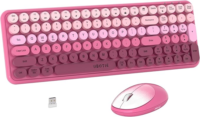 Wireless Keyboards and Mouse Combos, UBOTIE Colorful Gradient Rainbow Colored Retro Typewriter Flexible Keyboard, 2.4GHz Connection and Optical Mouse(Rosy Gradient)