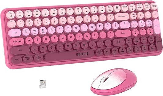 Wireless Keyboards and Mouse Combos, UBOTIE Colorful Gradient Rainbow Colored Retro Typewriter Flexible Keyboard, 2.4GHz Connection and Optical Mouse(Rosy Gradient)