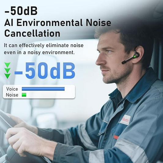 Single Ear Bluetooth Headset with Dual Mic, 50dB AI ENC Call Background Noise Cancelling Wireless Earpiece for Trucker Driver, Business Office, Home Work