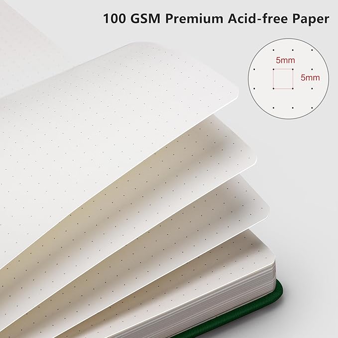 RETTACY Bullet Dotted Journal Notebook, 320 Numbered Pages, A5 Medium Size (5.7'' × 8.3''), Leather Hardcover, 100 GSM Thick Paper, for Bullet Journaling, Planning, Tracking (Dark Green)