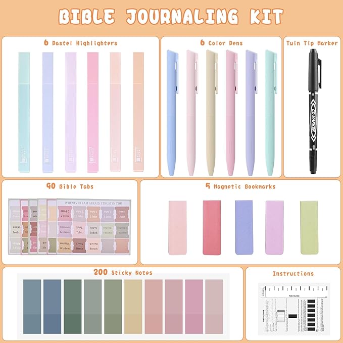 Bible Journaling Kit, Include 6 Bible Highlighters and 6 Pens No Bleed, 90 Laminated Bible Tabs, Magnetic Bookmarks, Sticky Notes, Study Supplies Essentials Set for Women & Men