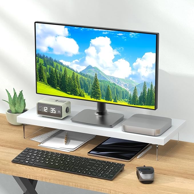 Monitor Stand Riser, Wood & Acrylic Computer Monitor Stand Desk Desktop Organizer Table for Home, Office Workspace, Laptop Riser, Printer, PC & TV Screen Riser