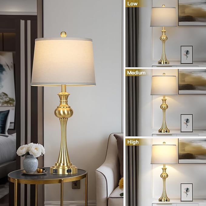 28.75" Gold Table Lamps Modern 3-Way Touch Control Dimmable Bedside Lamp with USB A+C Ports & AC Outlets for Living Room Bedroom Nightstand Lamp (Bulb Included)