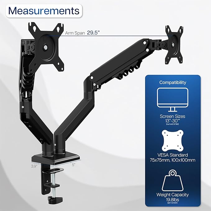 VIVO Aluminum Articulating Dual Monitor Arm for 13 to 30 inch Screens, Desk Mount Tension Spring Monitor Stand for 2 Screens, Black, STAND-V102O