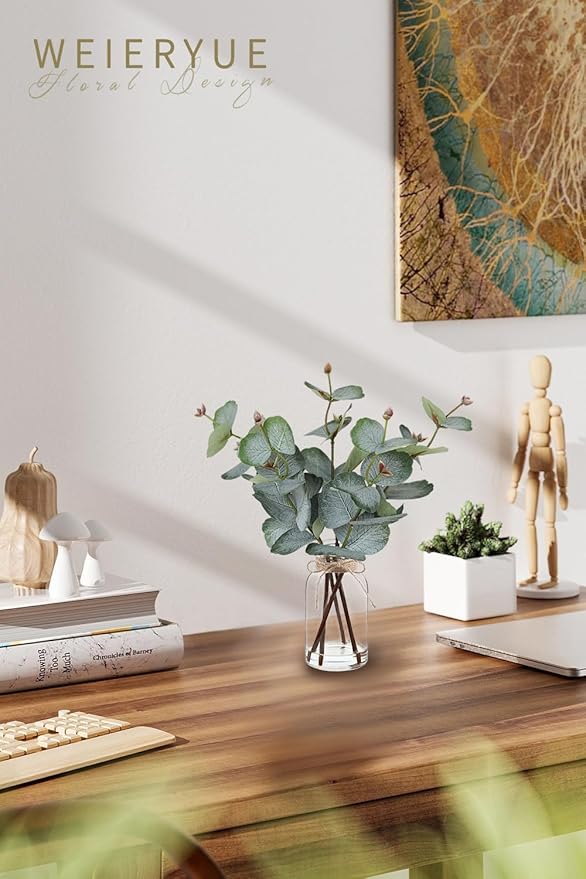 Artificial Eucalyptus Stems in Glass Vase with Faux Water,Artificial Plants Eucalyptus Leaves for Shelf Desk Bathroom Farmhouse Room Coffee Table Home Decor, Central Decoration.