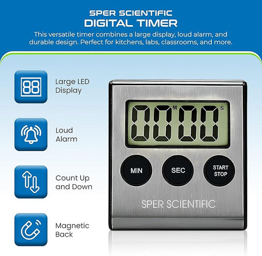 Sper Scientific Stainless Steel Digital Lab + Kitchen Timer 810028A – Compact Design Timer with Large Display & Loud Alarm - for Cooking, Baking, Labs, Workouts & More