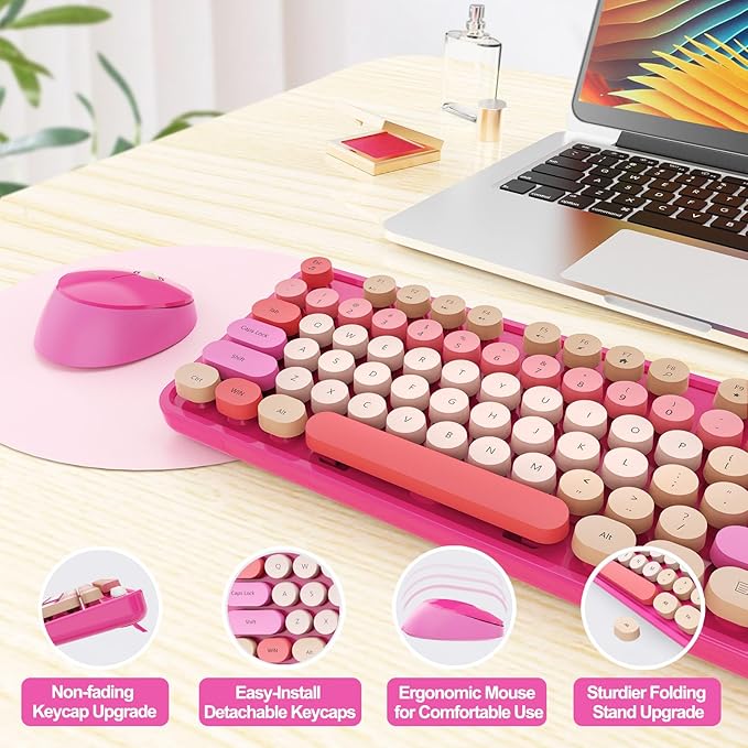Wireless Keyboard and Mouse Combo, Ergonomic Full Size Typewriter Retro Round Keycaps Keyboard, Compatible with Windows, PC, Perfer for Home and Office Keyboards (Red)