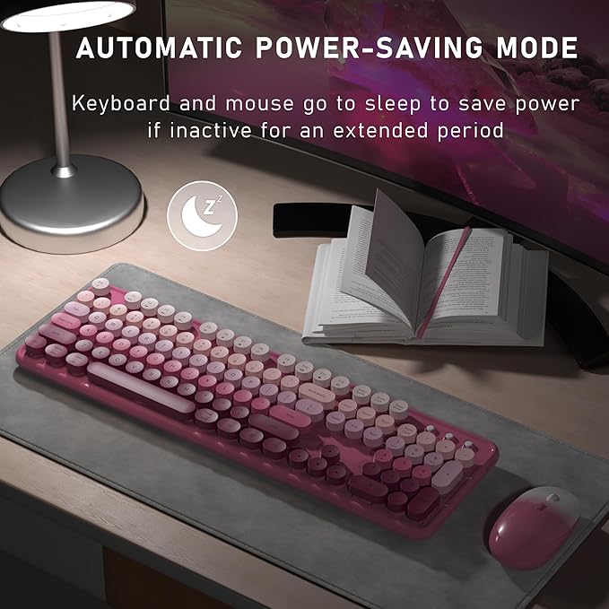 Wireless Keyboard and Mouse, Full-Size Retro Typewriter Keyboard with Round Keycaps, 2.4GHz for Windows, Mac, Laptop, PC, Desktop (Dark Pink Gradient)