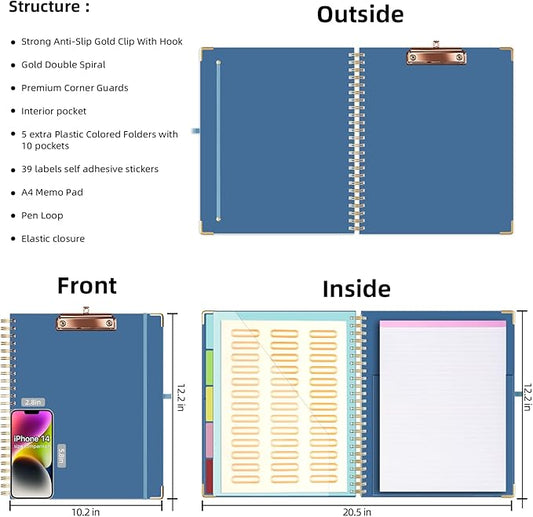 Ospelelf Clipboard with Storage 8.5 X 11,Padfolio Organizer, Spiral Portfolio Letter Size with Notepad, Pen Holder, 5 Extra Folder Divider Pages, Elastic Closure Nurse Office Essentials (Dark Blue)