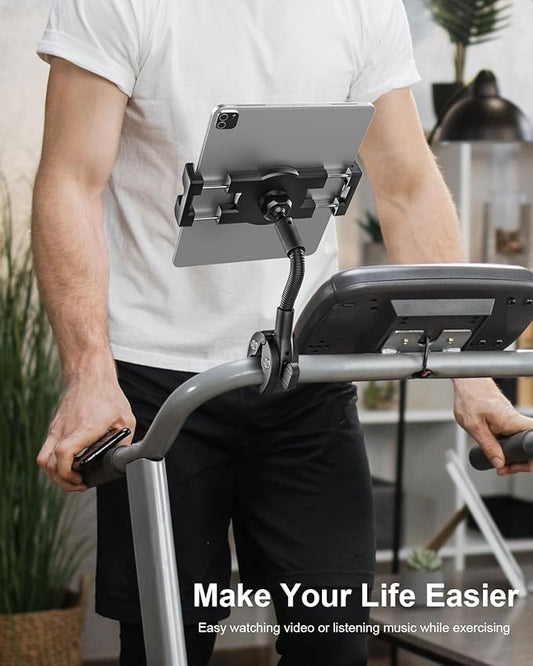 woleyi Gooseneck Tablet Bike Mount for Indoor Cycling, Gym Treadmill, Spin bike, Stationary Exercise bicycle, Peloton Handlebar, Elliptical, Stroller Clamp for iPad Pro/Air/Mini, Phone, 4.7-13" Tablet