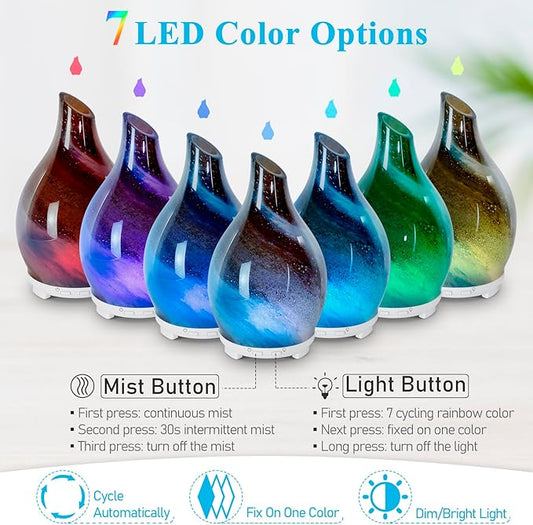 Essential Oil Diffuser 120ML Glass Ultrasonic Aromatherapy Oil Diffuser-Aroma Humidifier Glass Diffuser,7 Color Changing Light Waterless Auto-Off-Ultra-Quiet for Sleeping Yoga Home Office and Spa